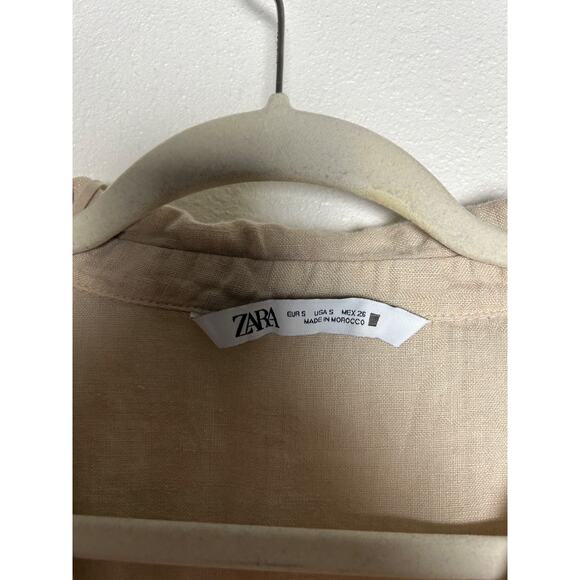 ZARA Tan Short Sleeve Linen Button Down Oversized Crop Top Size S - Picture 2 of 5